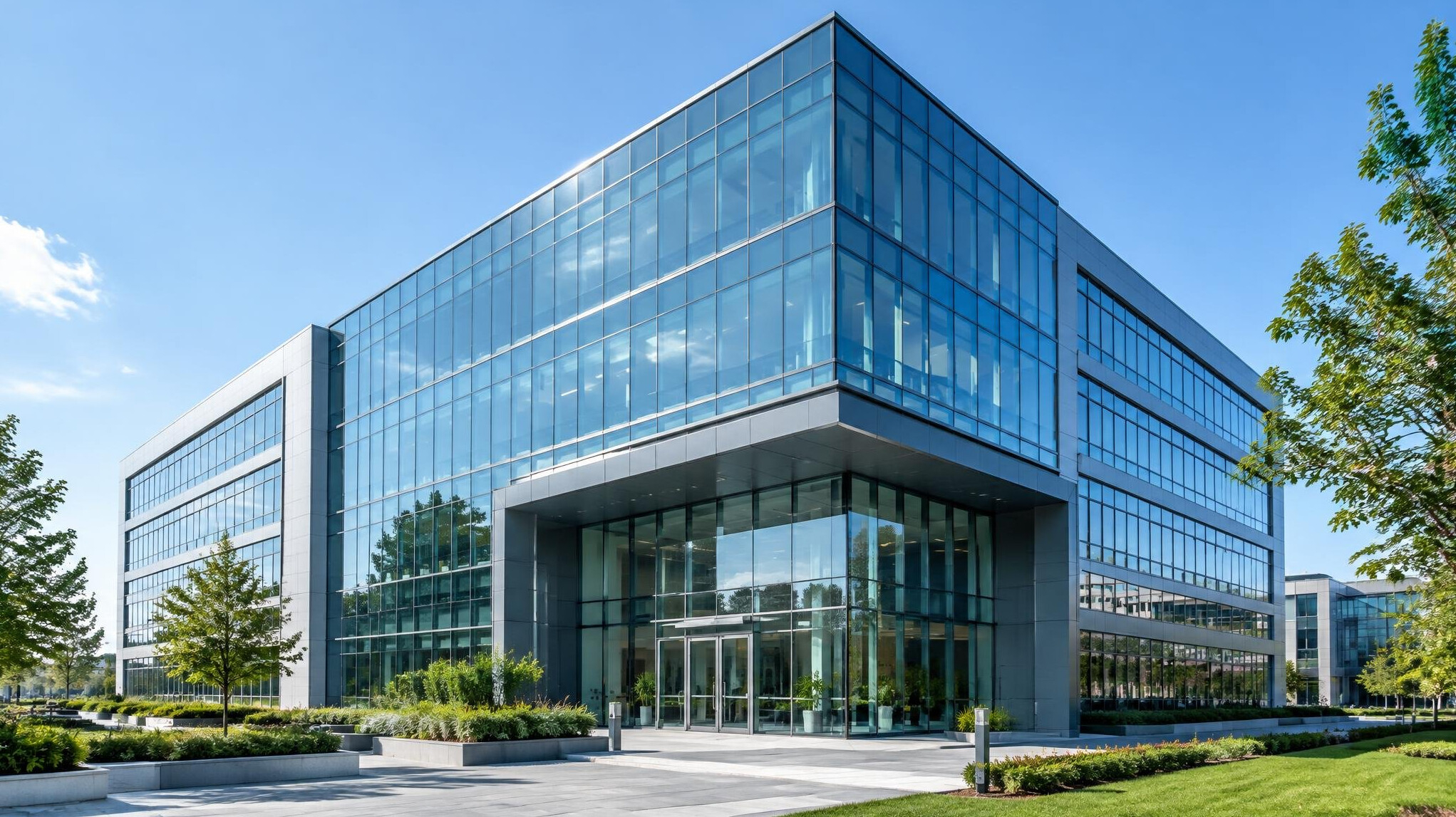 Modern office building exterior with glass facade