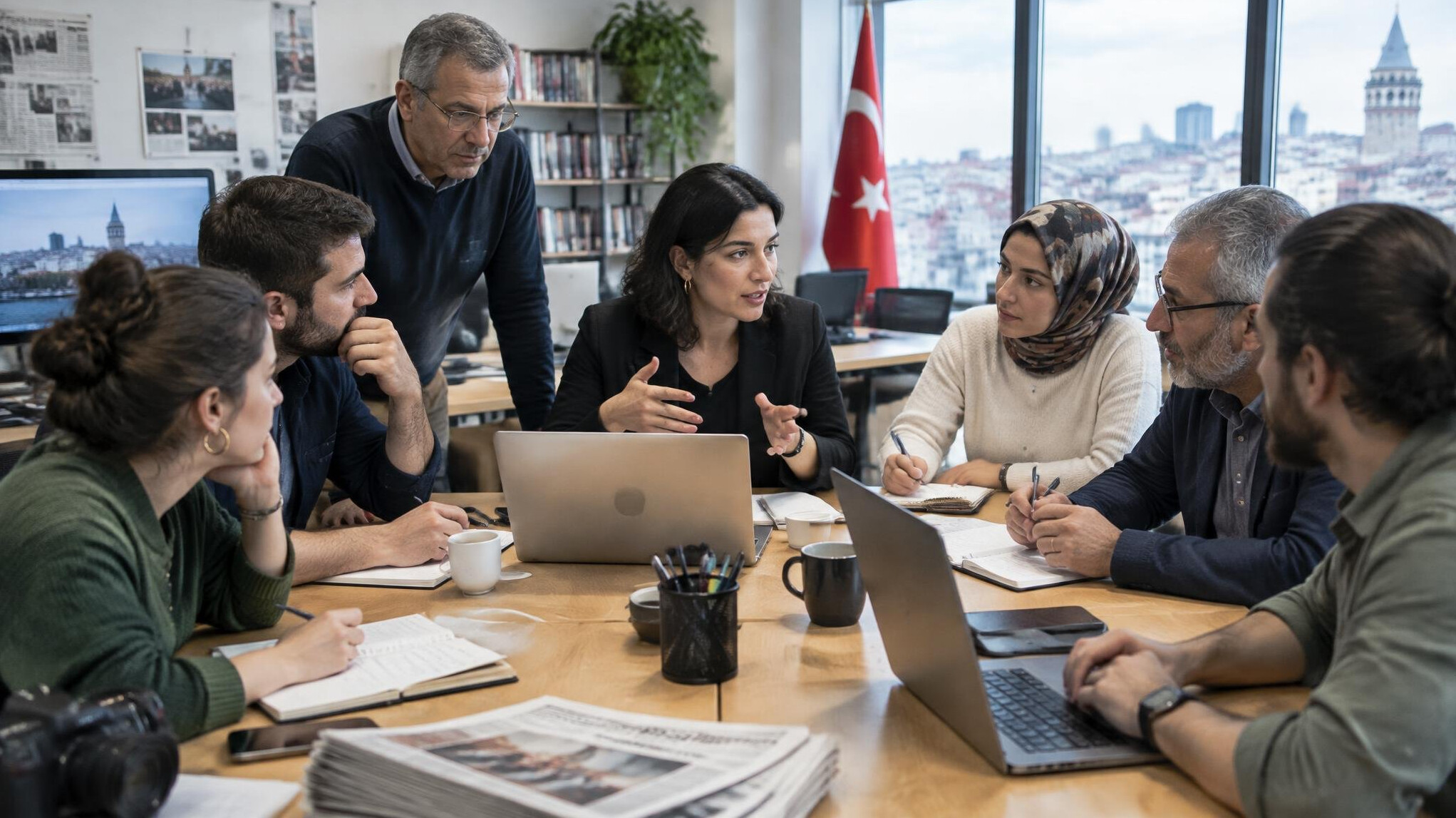 Editorial team having a discussion around a table with laptops