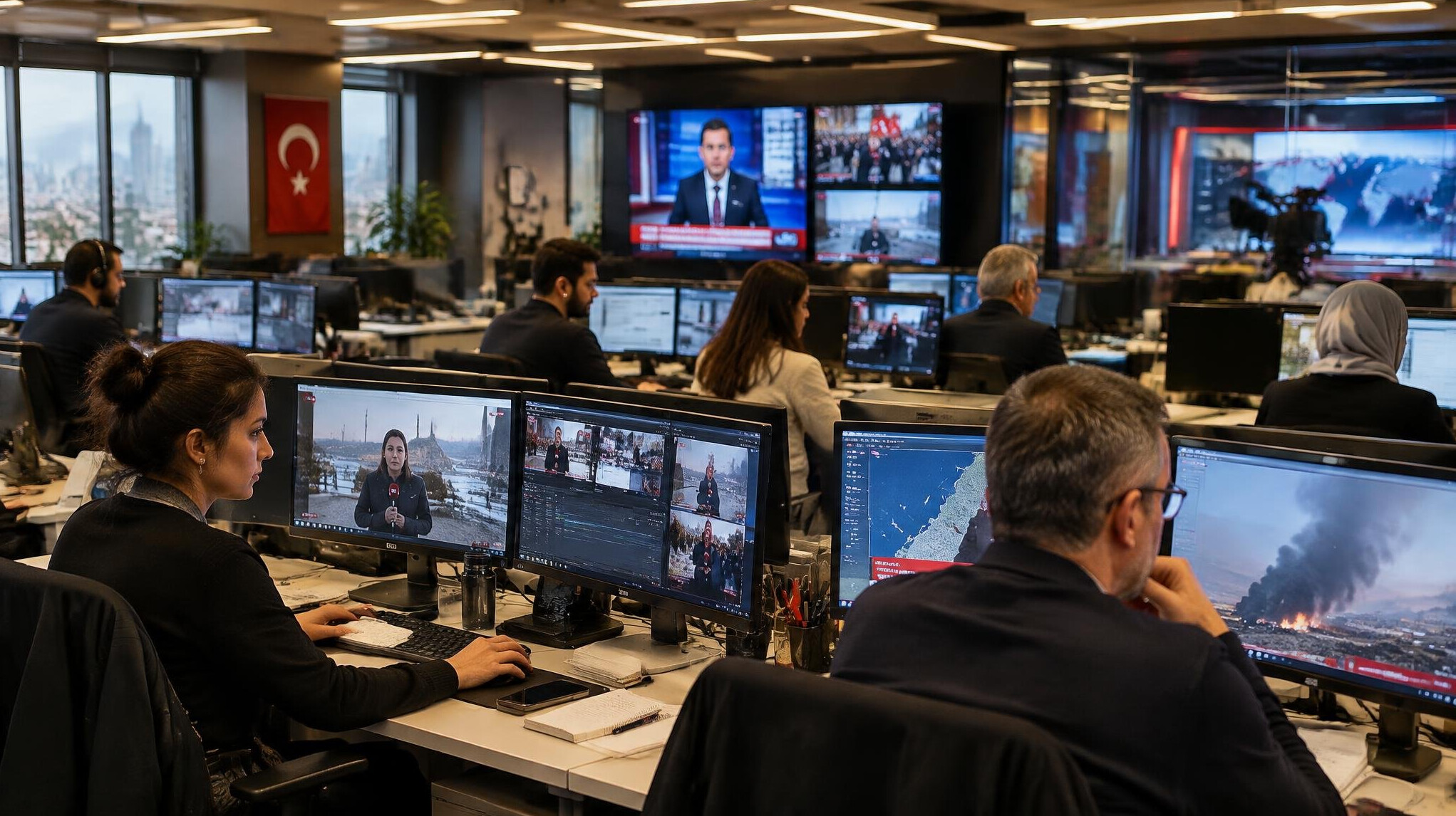 Journalists working at a busy newsroom desk with monitors