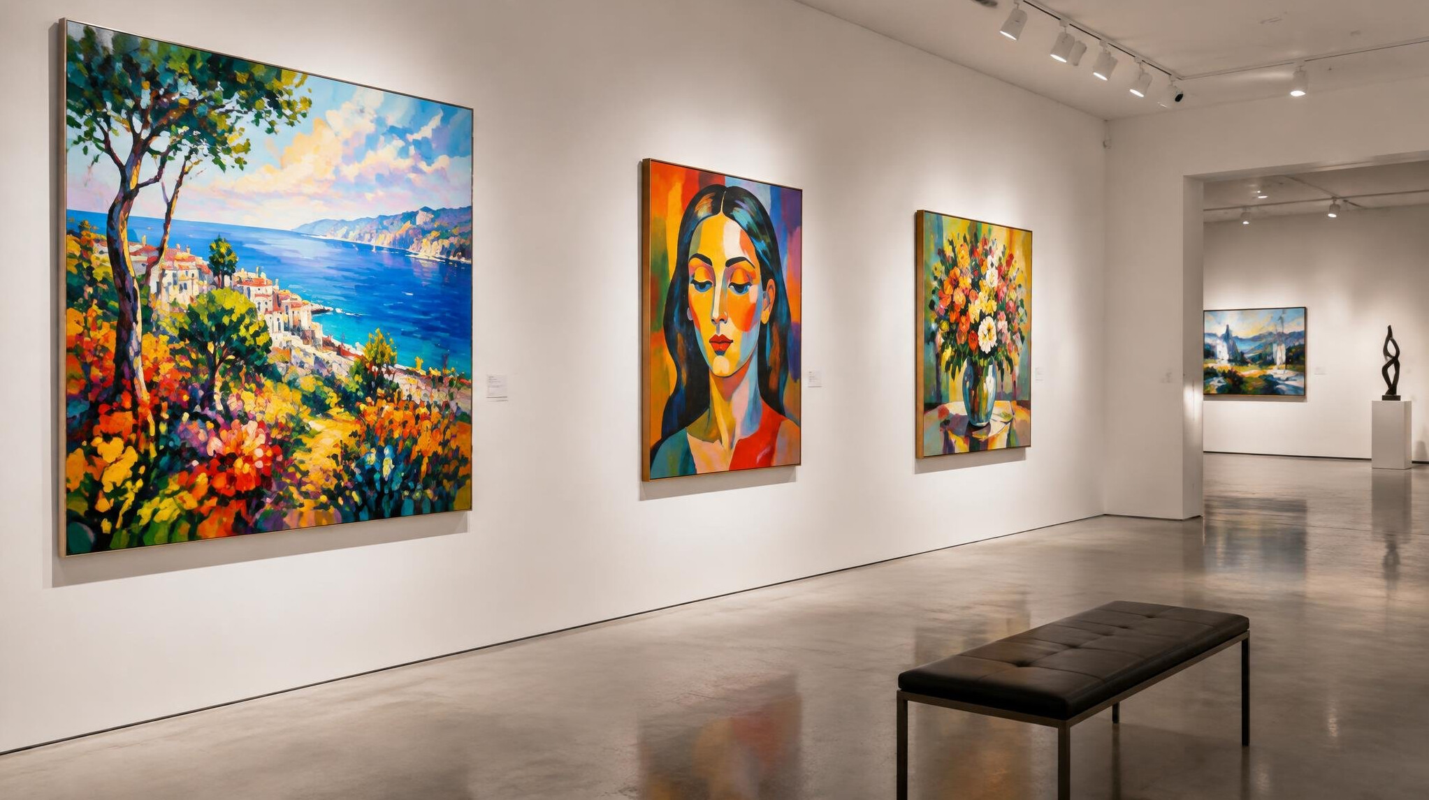 Colorful art gallery wall with paintings on display